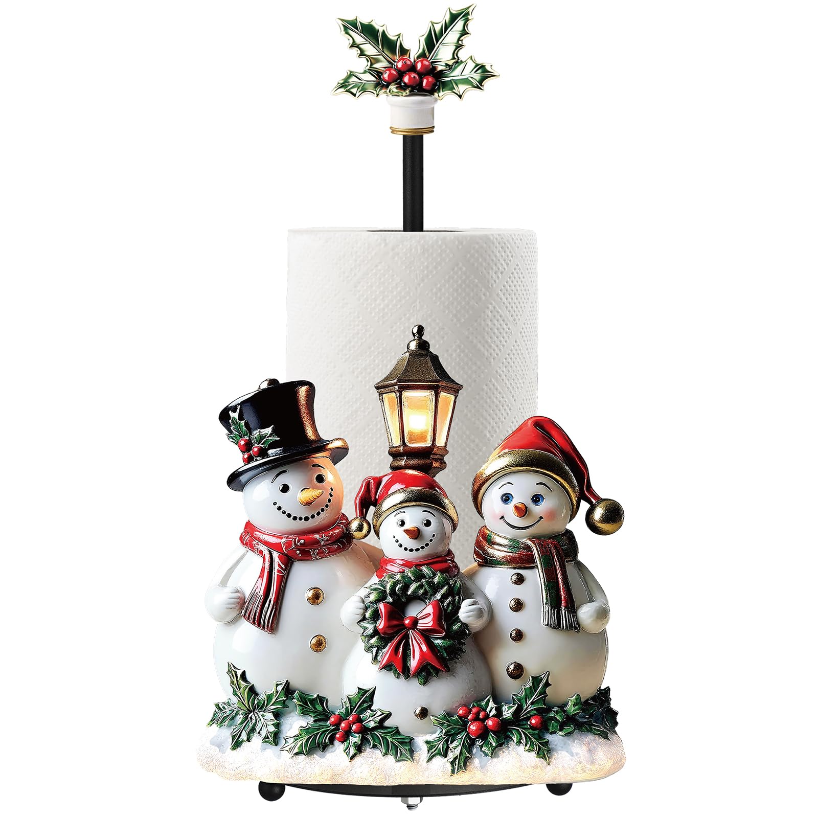 Thyle Winter Snowman paper towel holder on round base for stable countertop support.