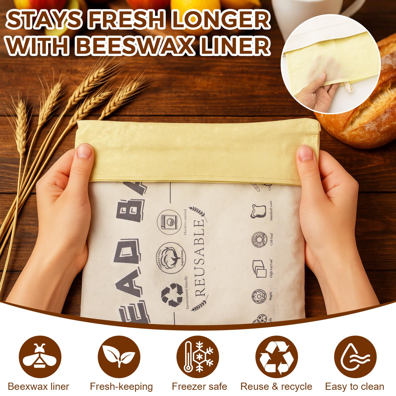 Tiagowell bread storage bag in a kitchen, illustrating reusable storage.