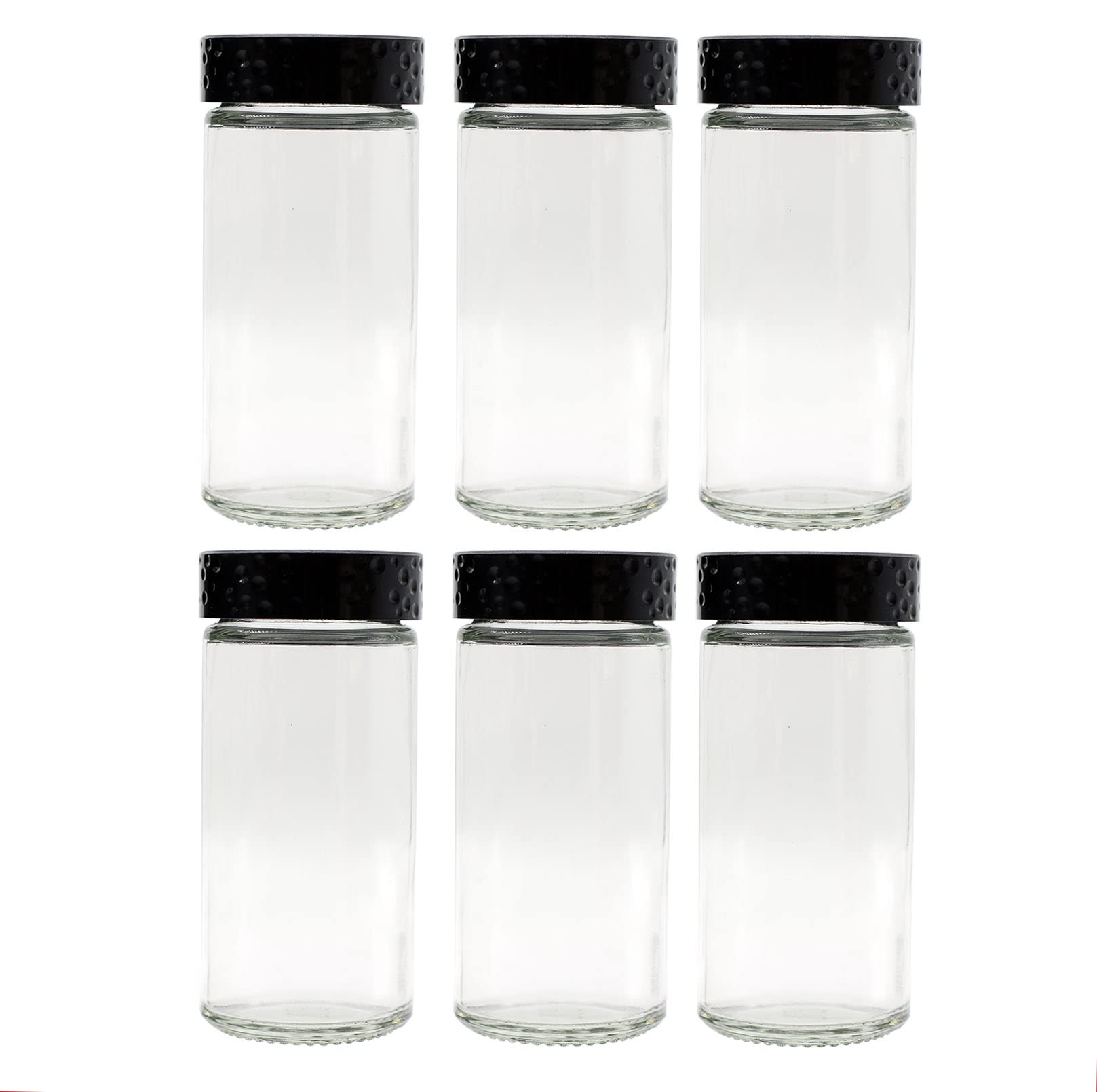 Tianifa 6-piece round glass spice bottles for easy access and visibility.