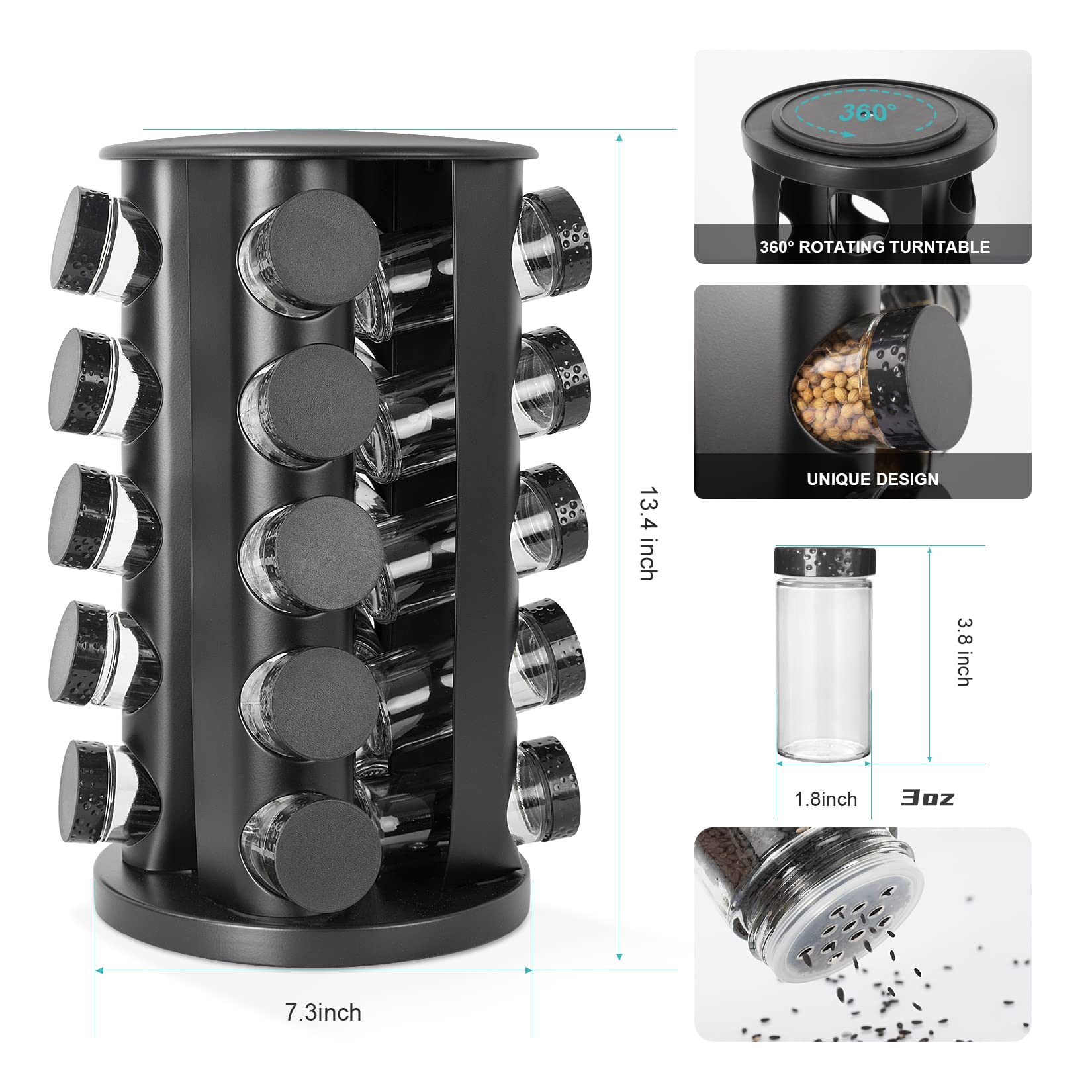 Tianifa spice rack side view highlighting stable base and rotation.