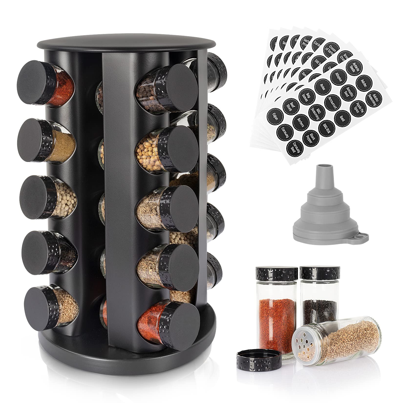 Tianifa black rotating spice rack top view showing 360-degree access.