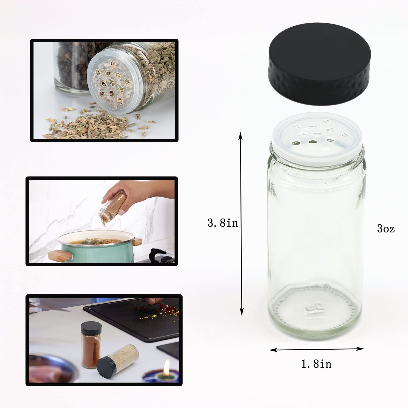 Tianifa black plastic lids with shaker tops providing a tight seal.