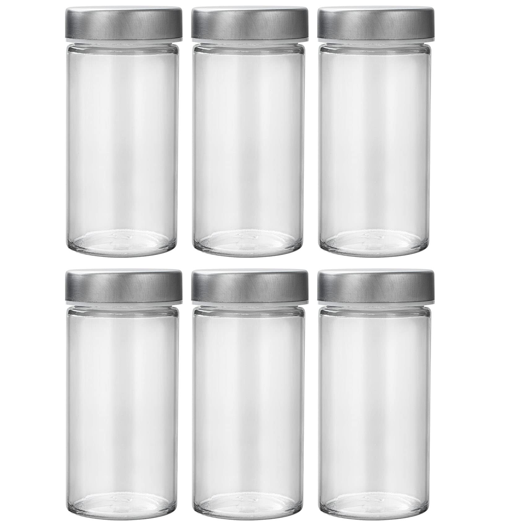 Tianifa glass spice jars in a 6-piece set ready for spices on a rotating rack.