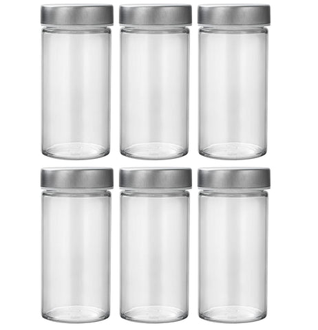 Tianifa glass spice jars in a 6-piece set ready for spices on a rotating rack.