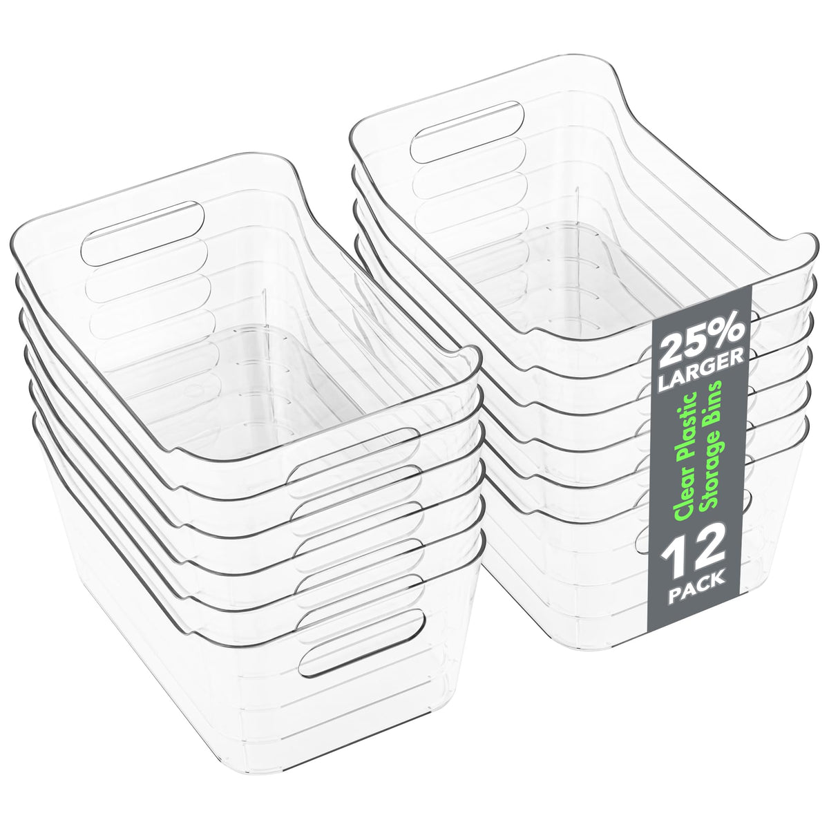 Tiawudi 12-pack clear storage bins on a shelf for quick visibility.