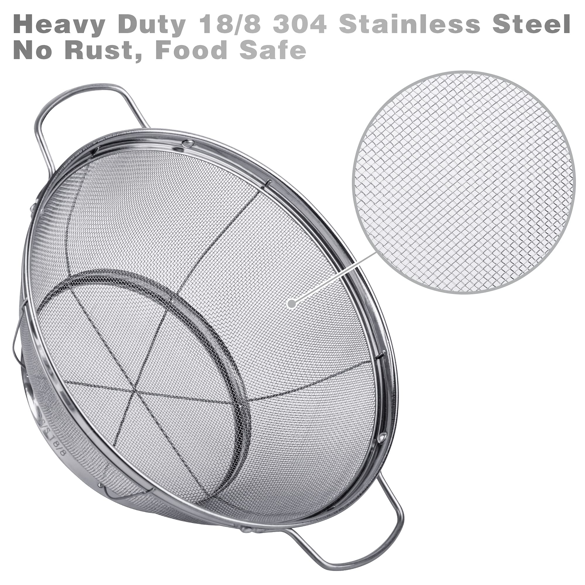 Tiawudi 18/8 stainless steel close-up shows rust-free mesh for clean draining