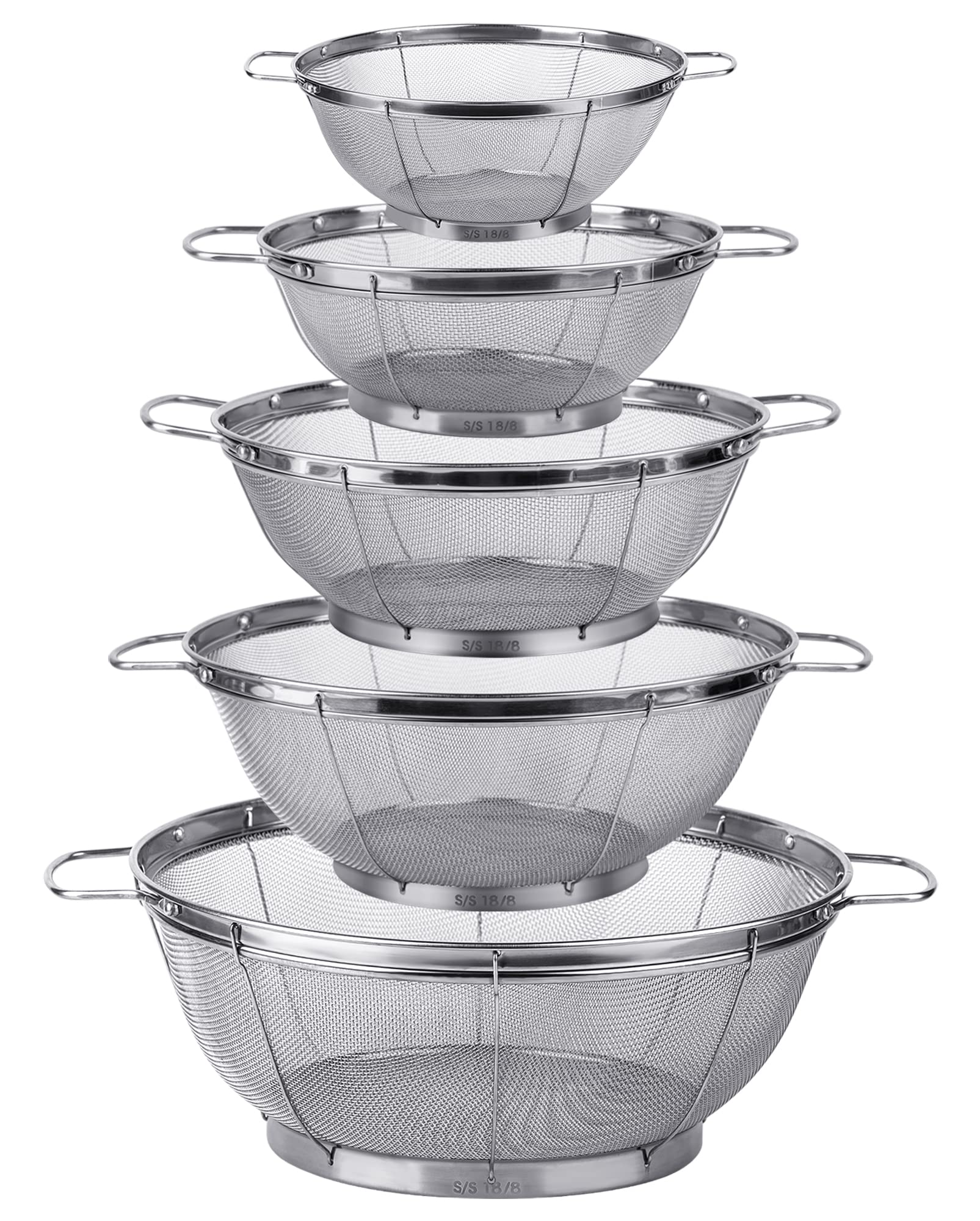 Tiawudi 5-pack colander set with multiple sizes and riveted handles