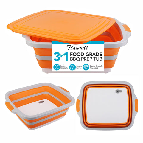Tiawudi collapsible BBQ prep tub with lid keeps juices contained for marinades.