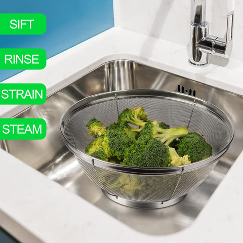 Tiawudi 18/8 stainless steel colander resists rust and dishwasher-safe.