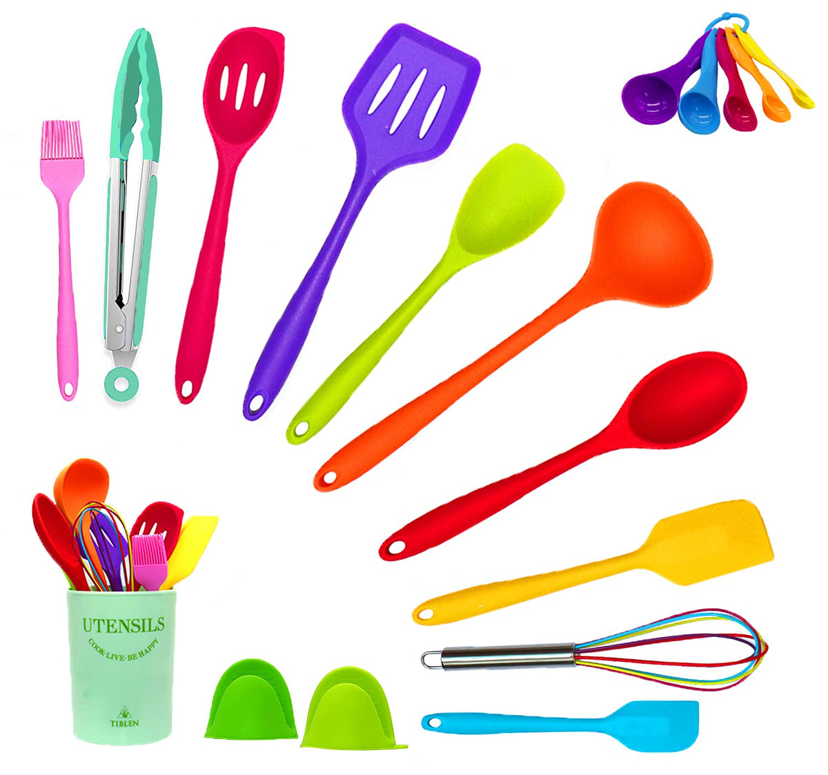 TIBLEN 18-piece silicone utensil set on counter protecting non-stick pans.