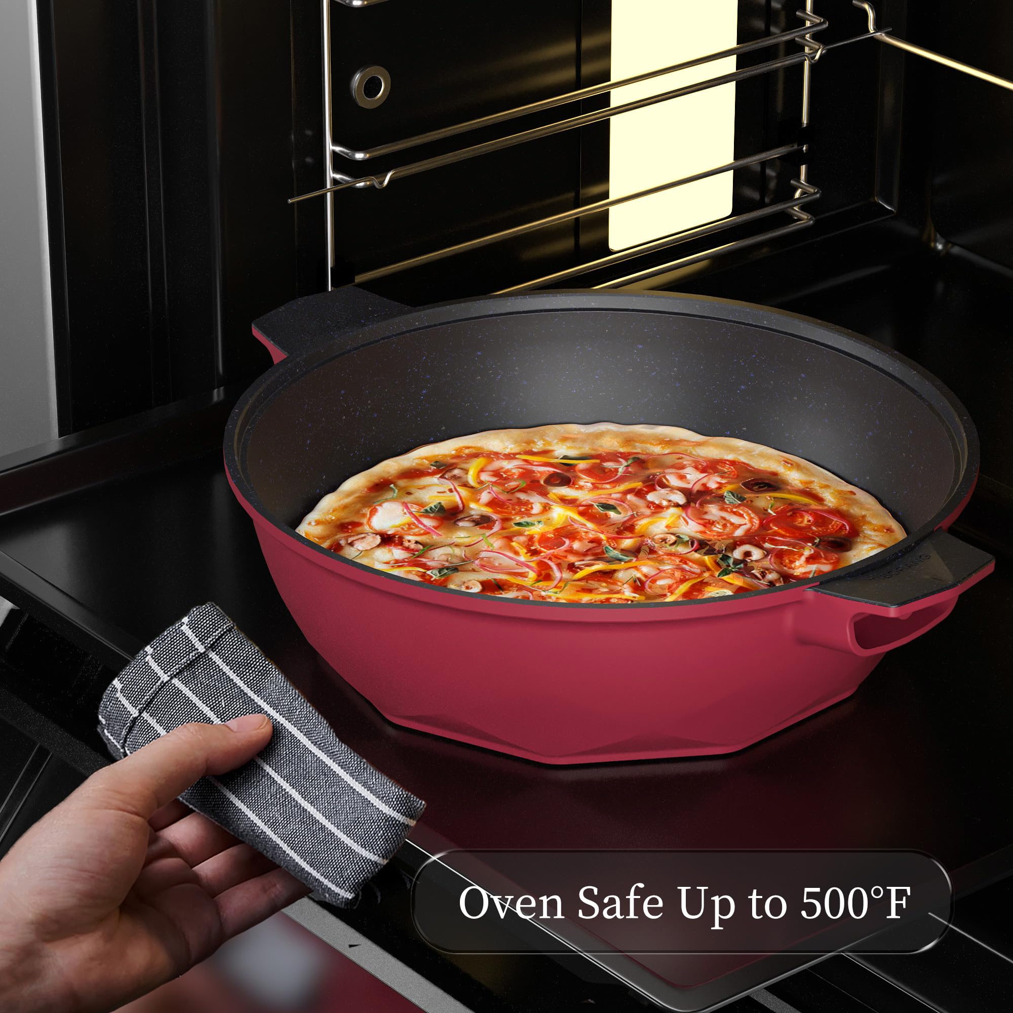 TIBORANG oven-safe pan up to 500°F for finished dishes.