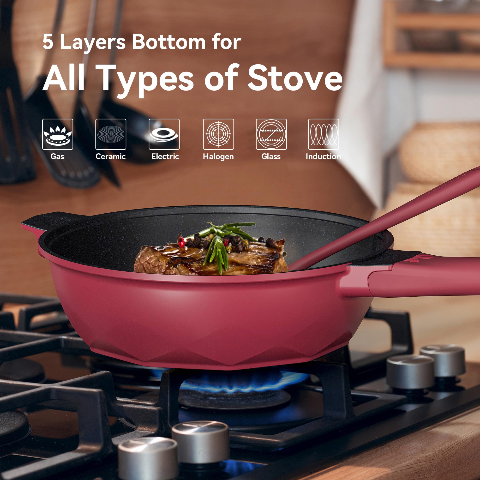 TIBORANG ruby-red pan with crown lid design enhances kitchen aesthetics.