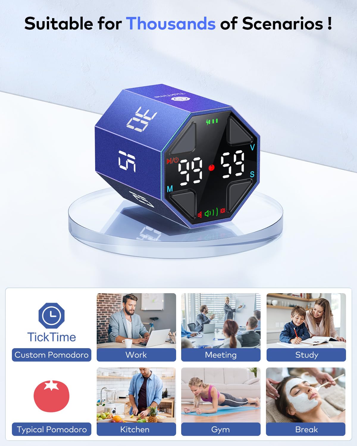 Ticktime Pomodoro Cube USB-C recharge keeps you powered without disposable batteries.