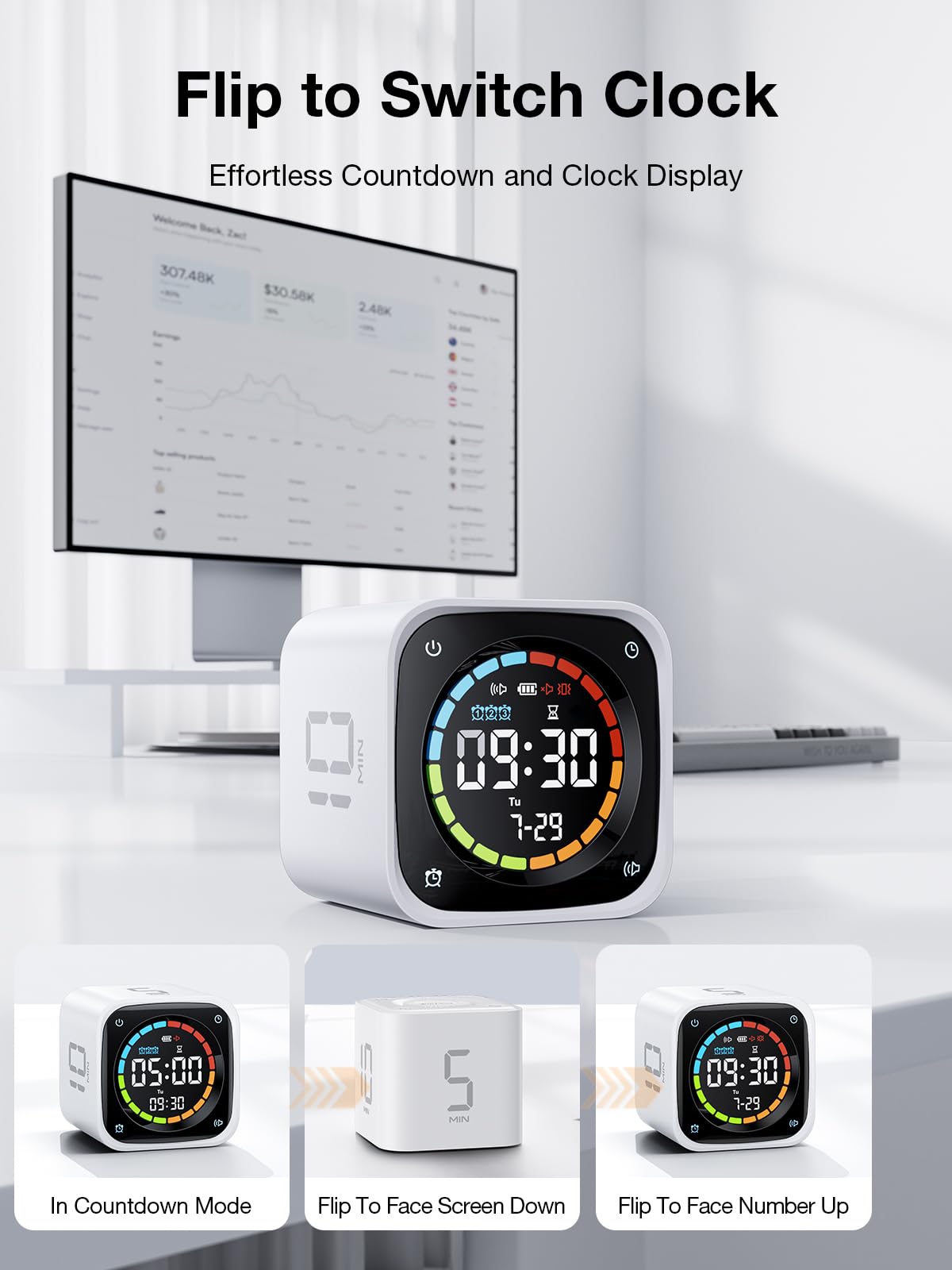 Ticktime TK3 desk clock with retro display on workspace.