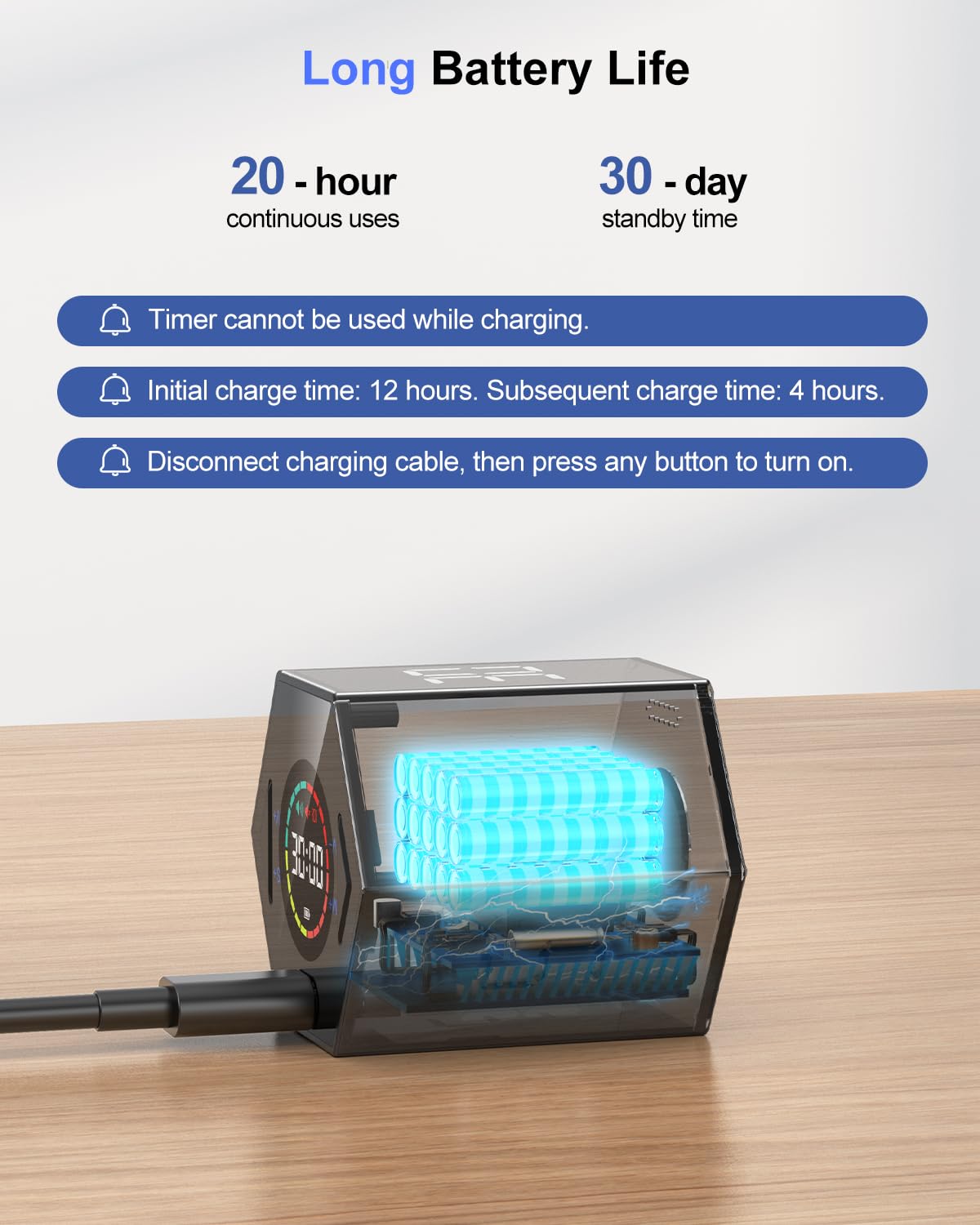 Ticktime is rechargeable via USB-C, eliminating frequent battery changes.