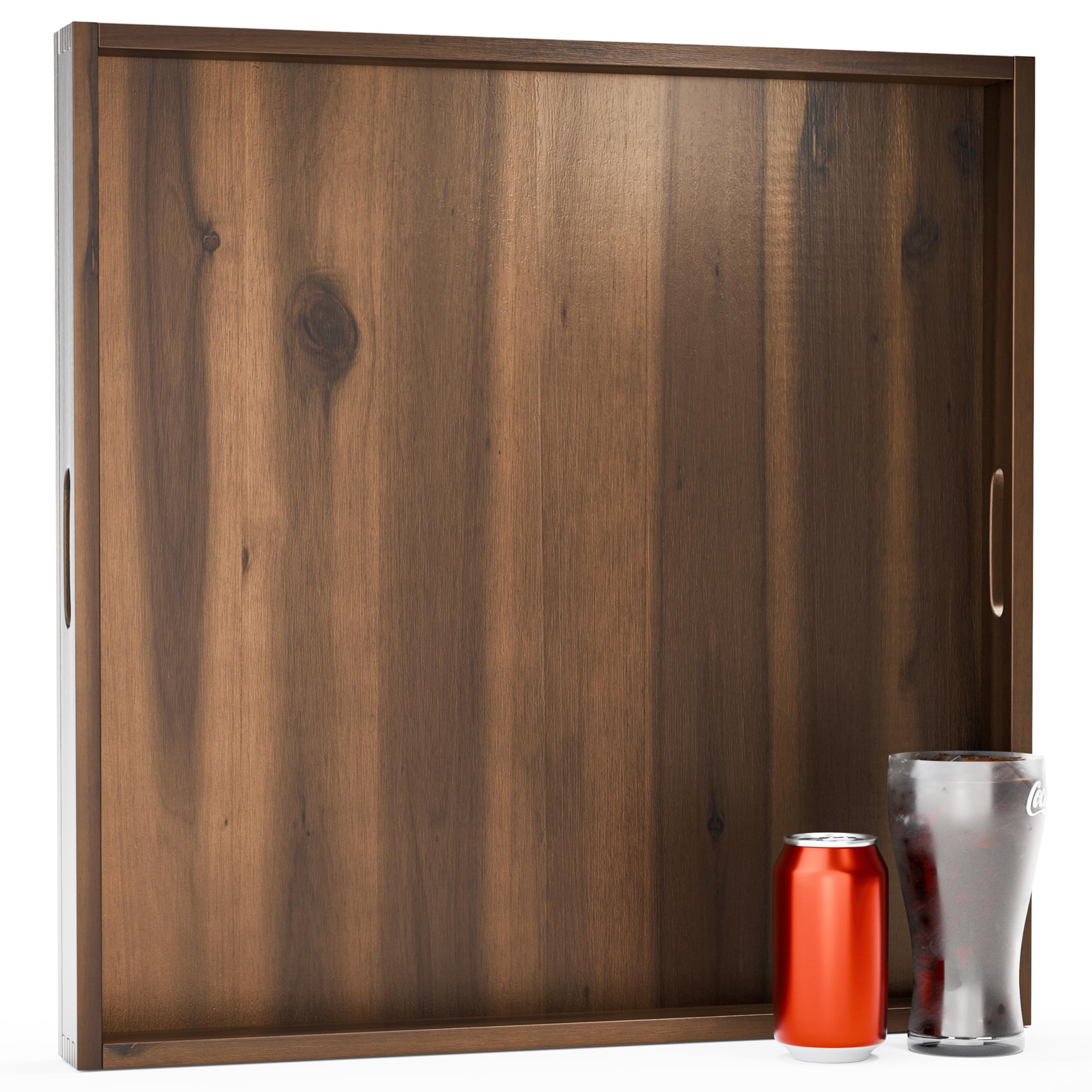 Tidita 24-inch acacia wood square ottoman tray with walnut finish for serving and display