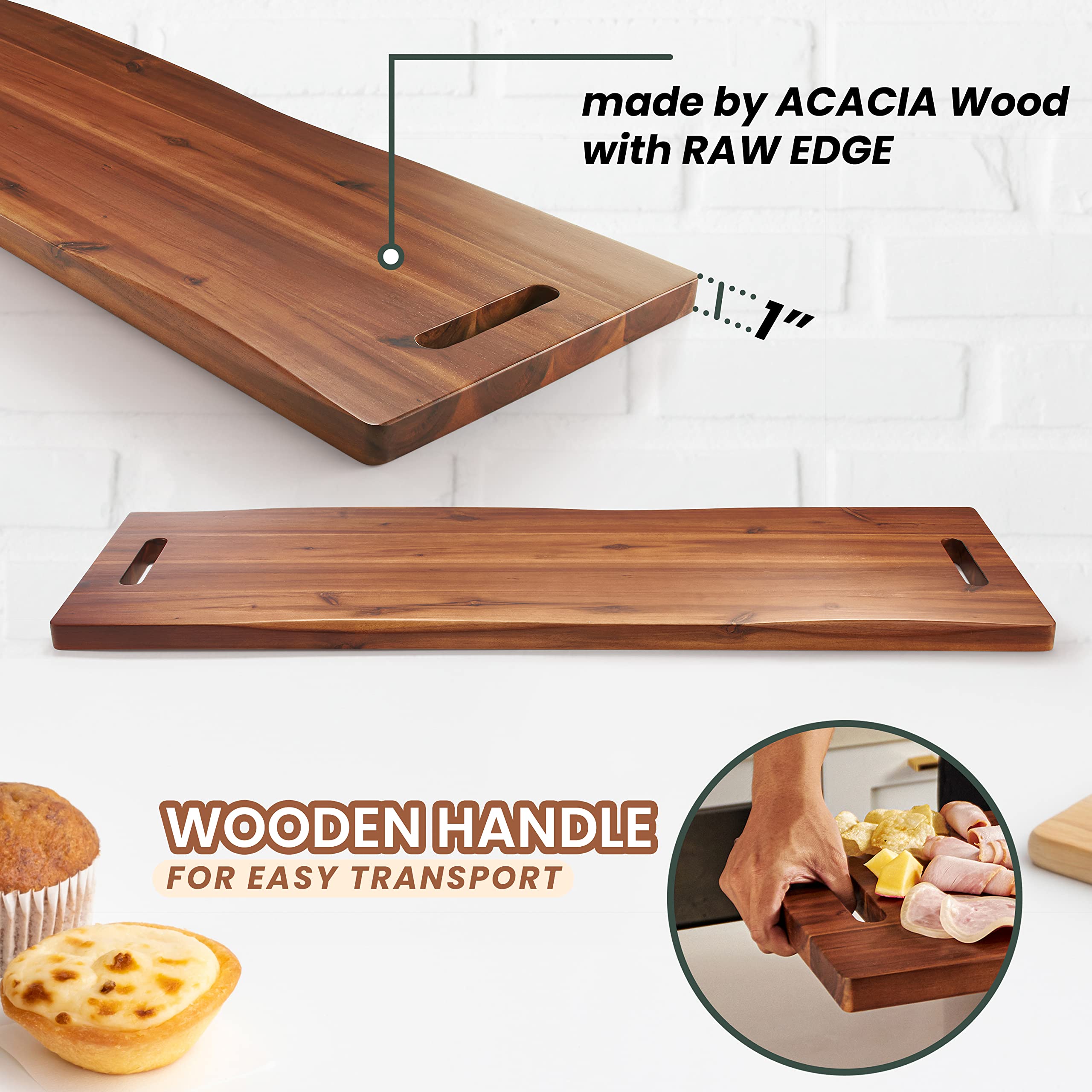 Tidita acacia board featuring fruit and dips arranged for serving.