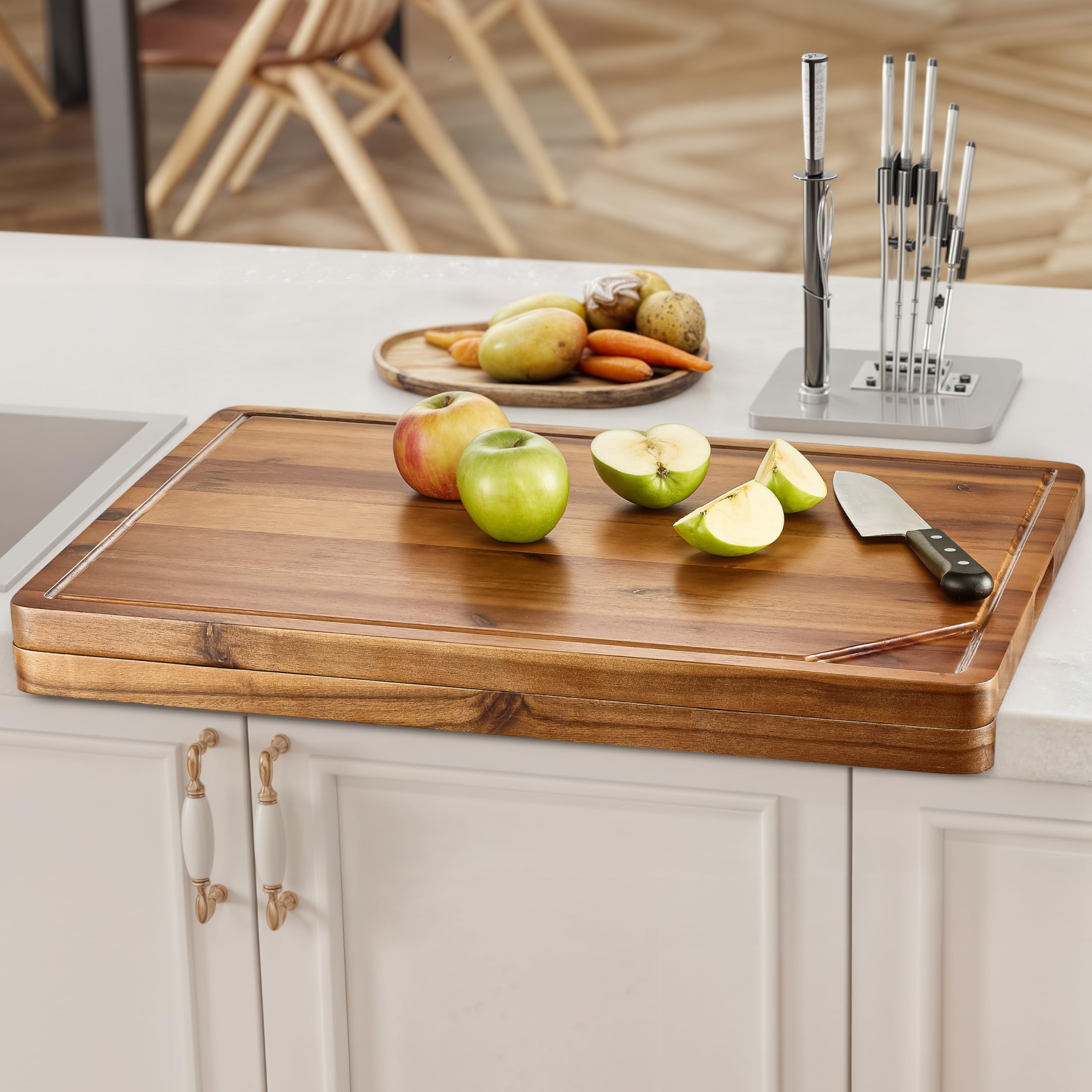 Tidita acacia cutting board with handle offers stable, spacious prep surface.