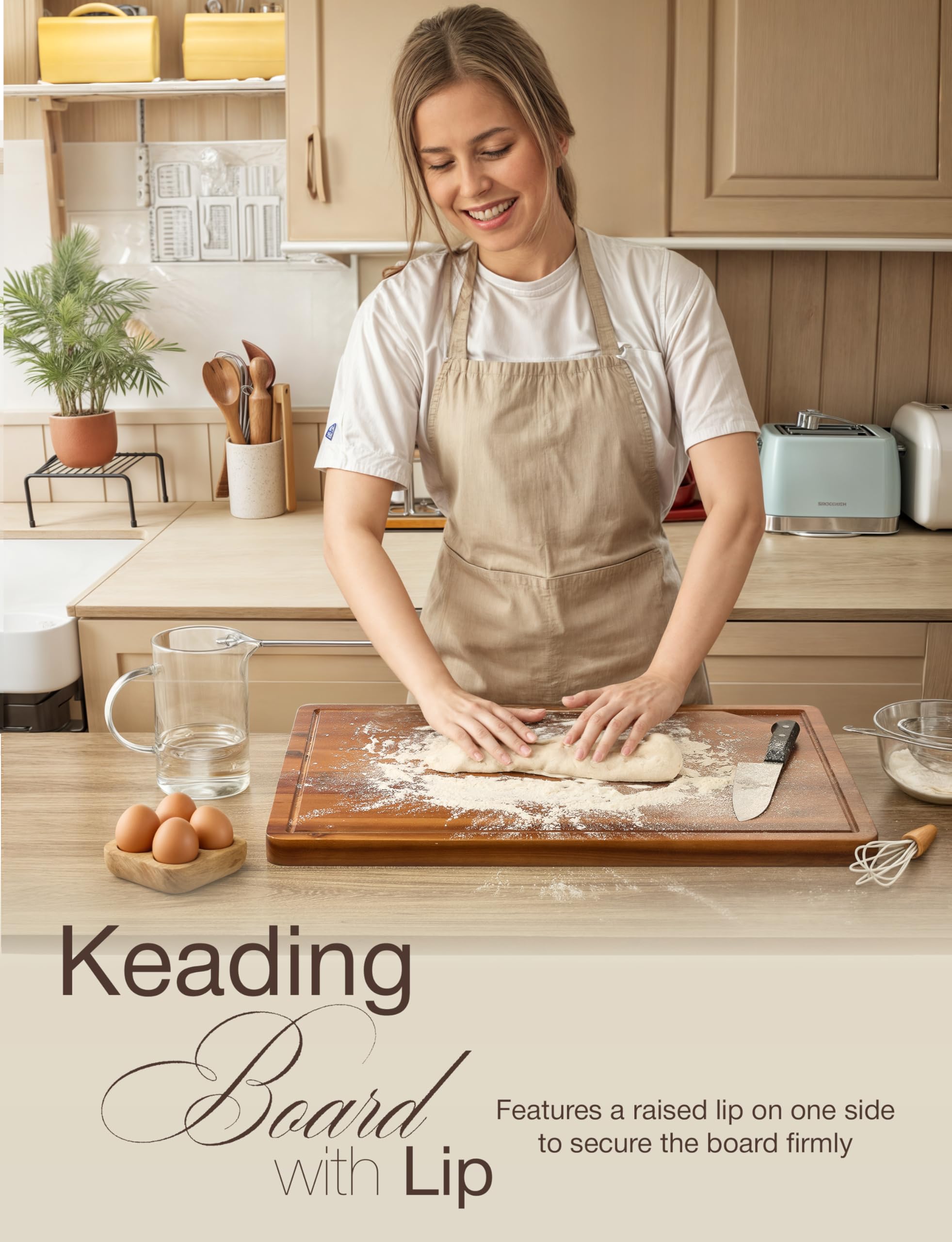 Tidita acacia board with lip stays securely on the counter during use.