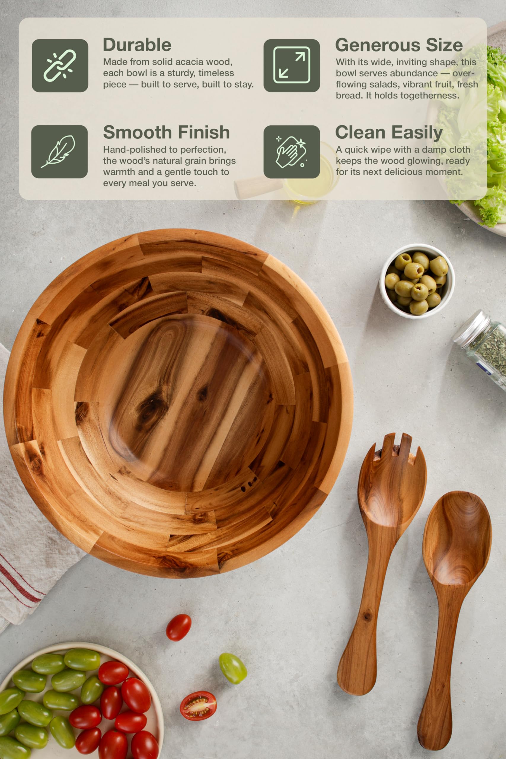 Tidita acacia wood bowl displays natural grain for decorative table appeal.