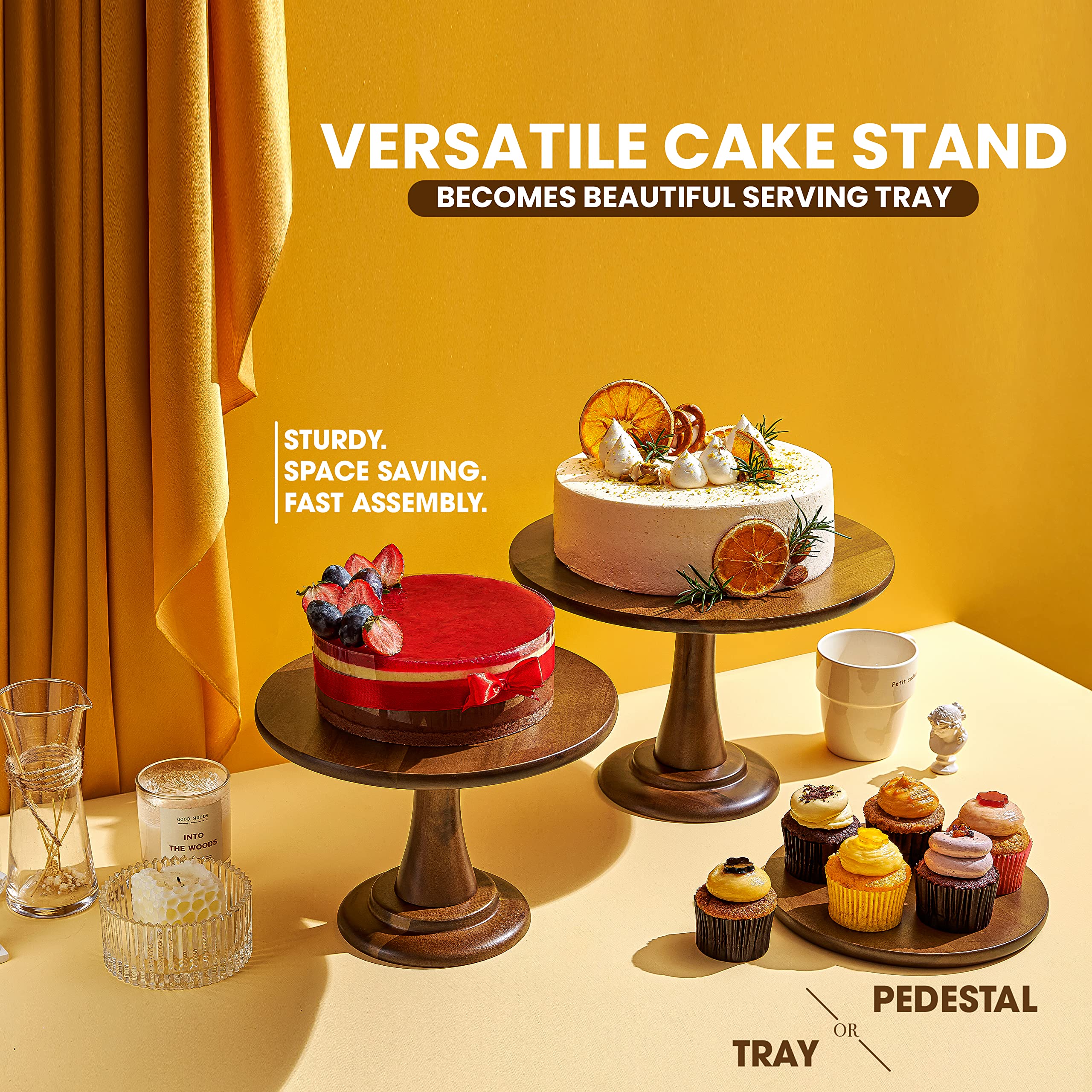 Tidita acacia wood cupcake stand highlights treats while saving space on the table.