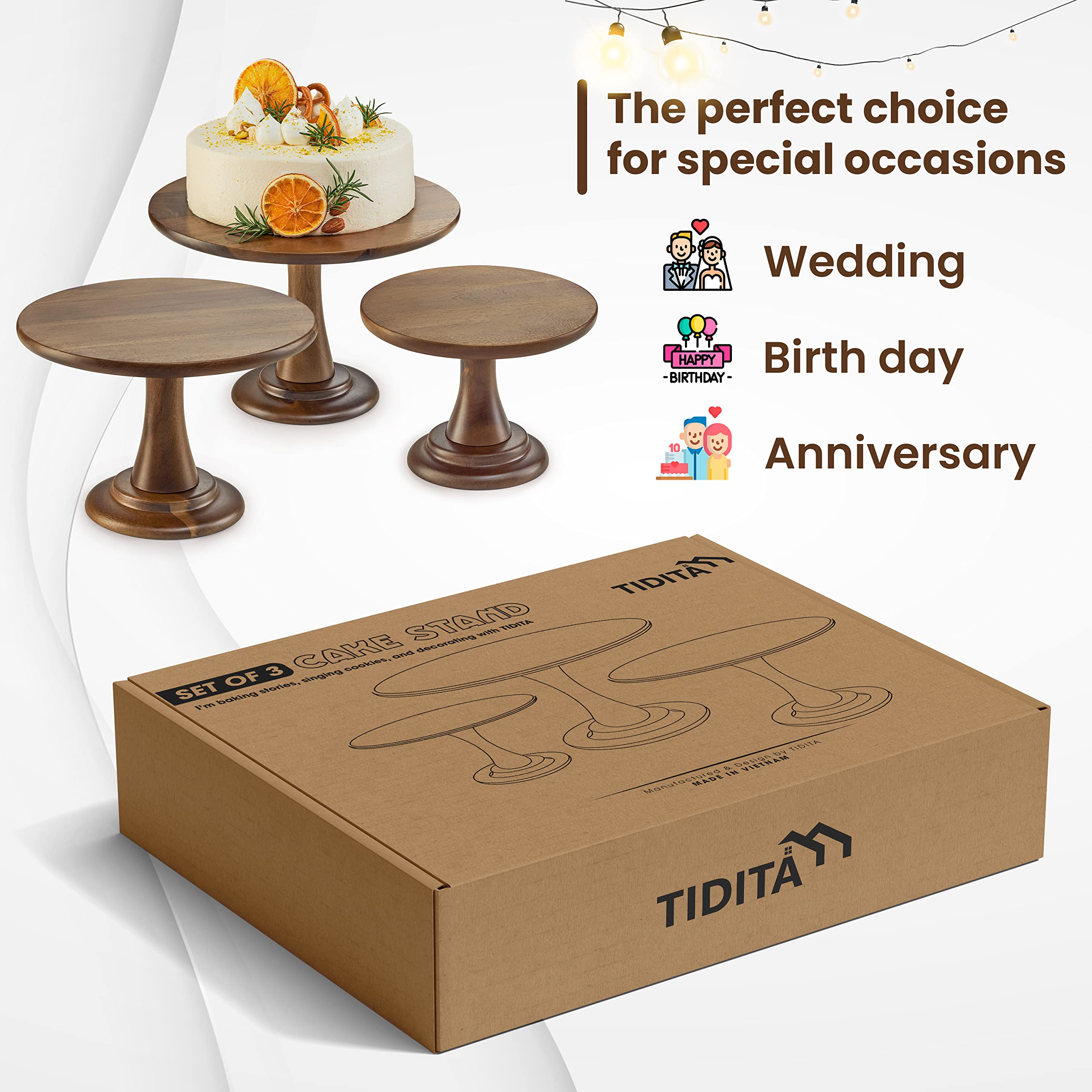 Tidita acacia wood pedestal collection shows off desserts in a coordinated display.