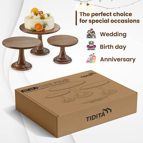 Tidita acacia wood pedestal collection shows off desserts in a coordinated display.