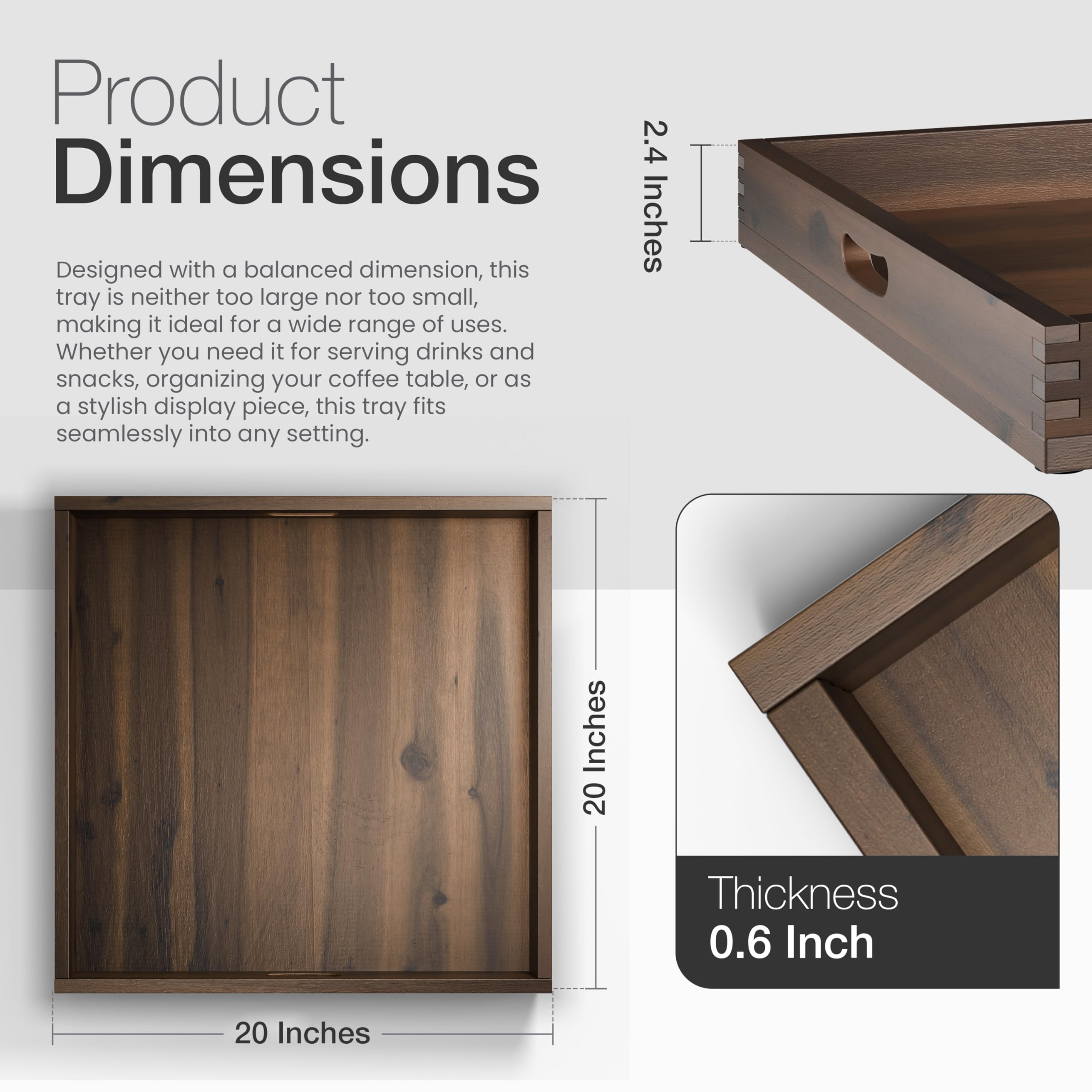 Tidita acacia wood tray with integrated handles, easy to transport drinks and meals.