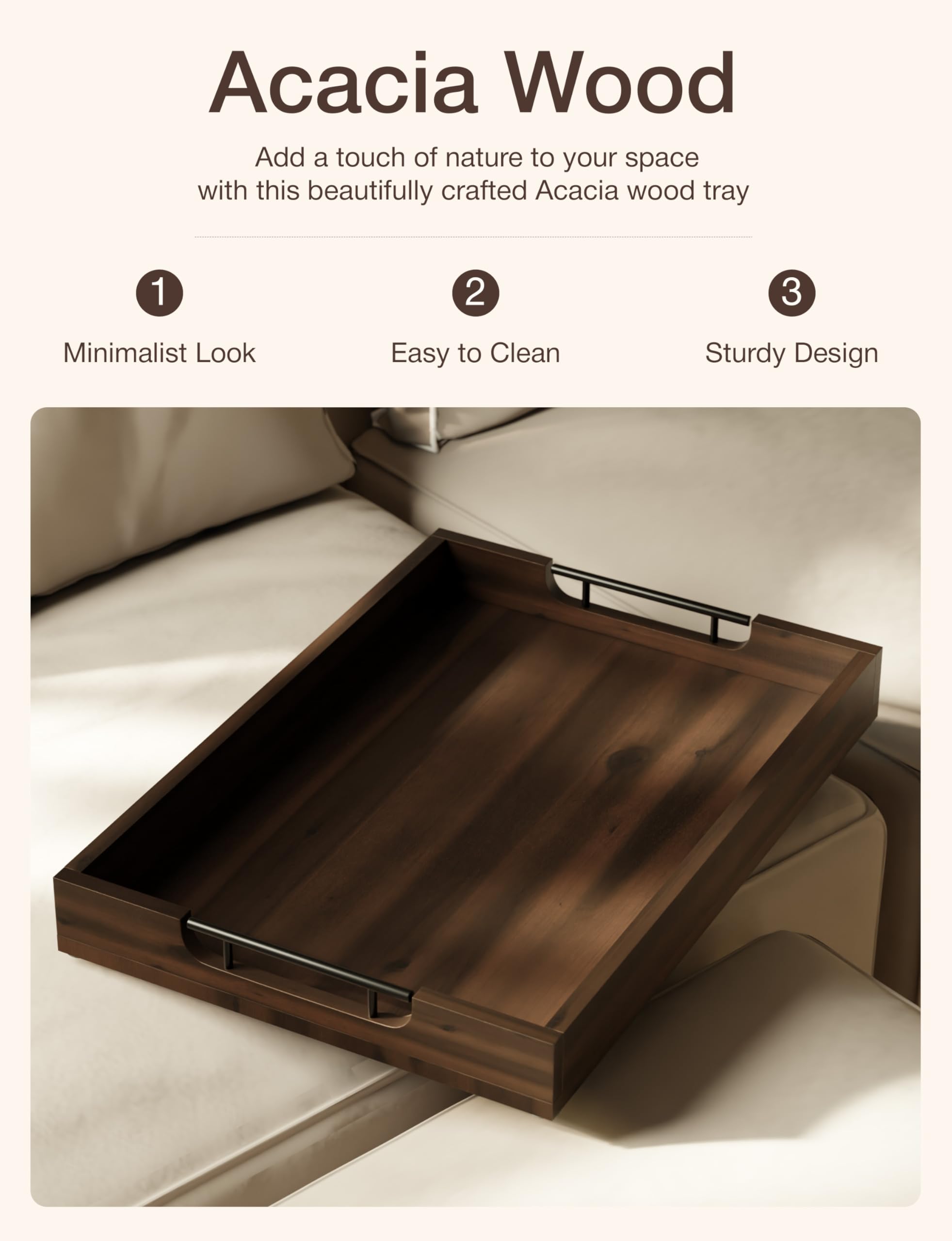 Tidita easy-care wood tray cleans quickly for busy homes.