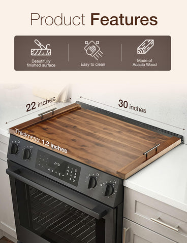 Walnut stove top cover doubles as a decorative tray when the stove is not in use.