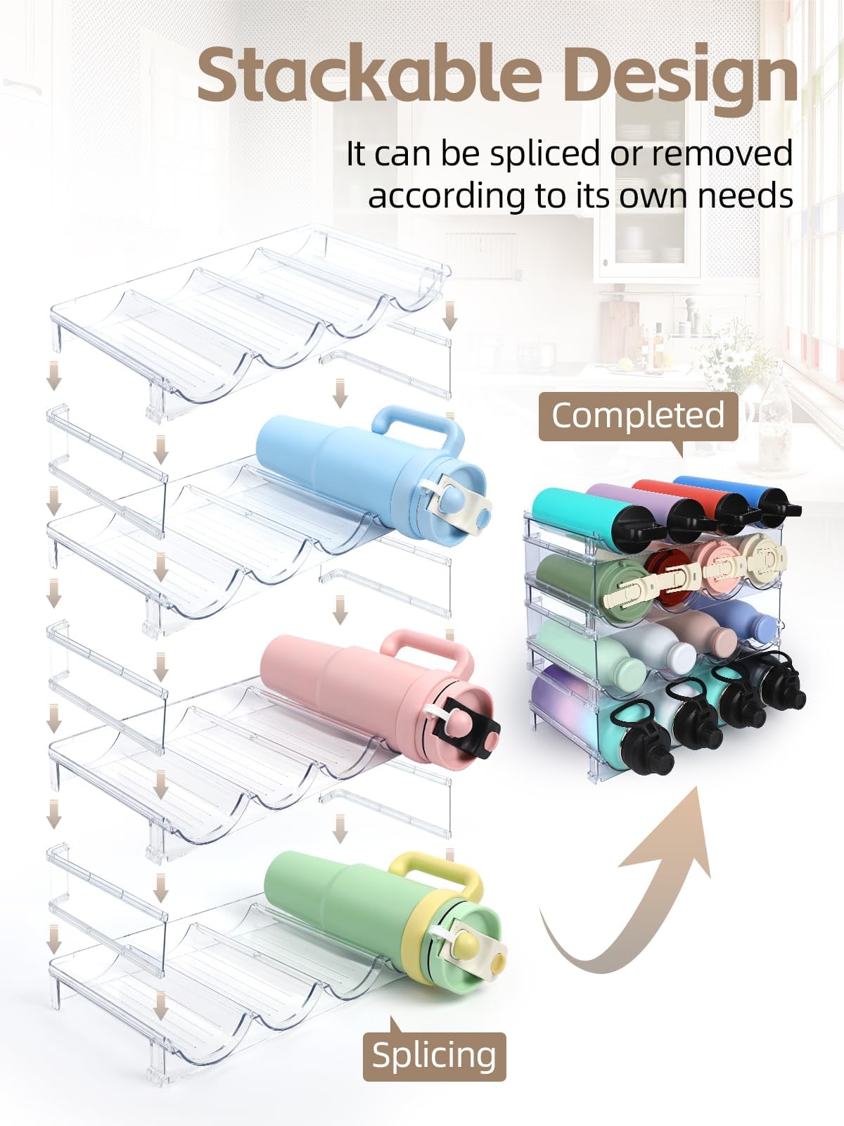 Deep grooves keep bottles aligned and prevent rolling for organized storage.