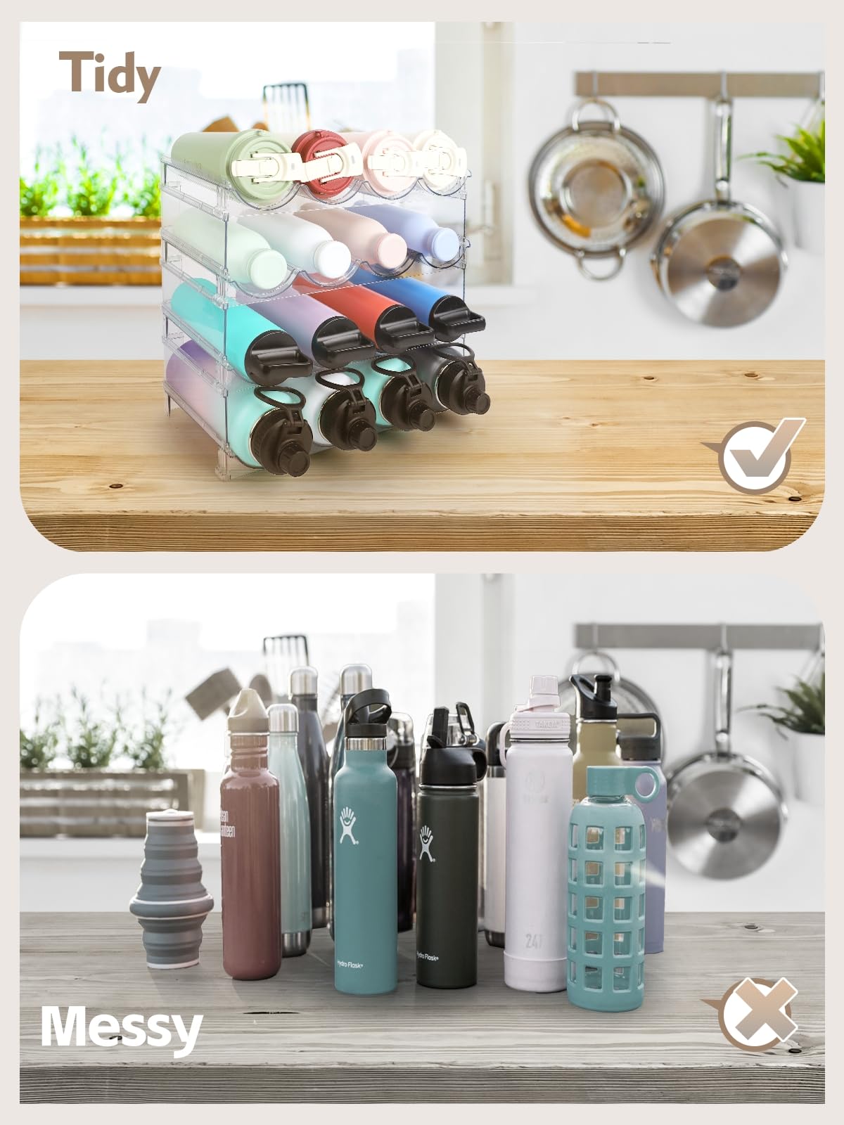Stackable, tool-free assembly saves space in cabinets and pantries.