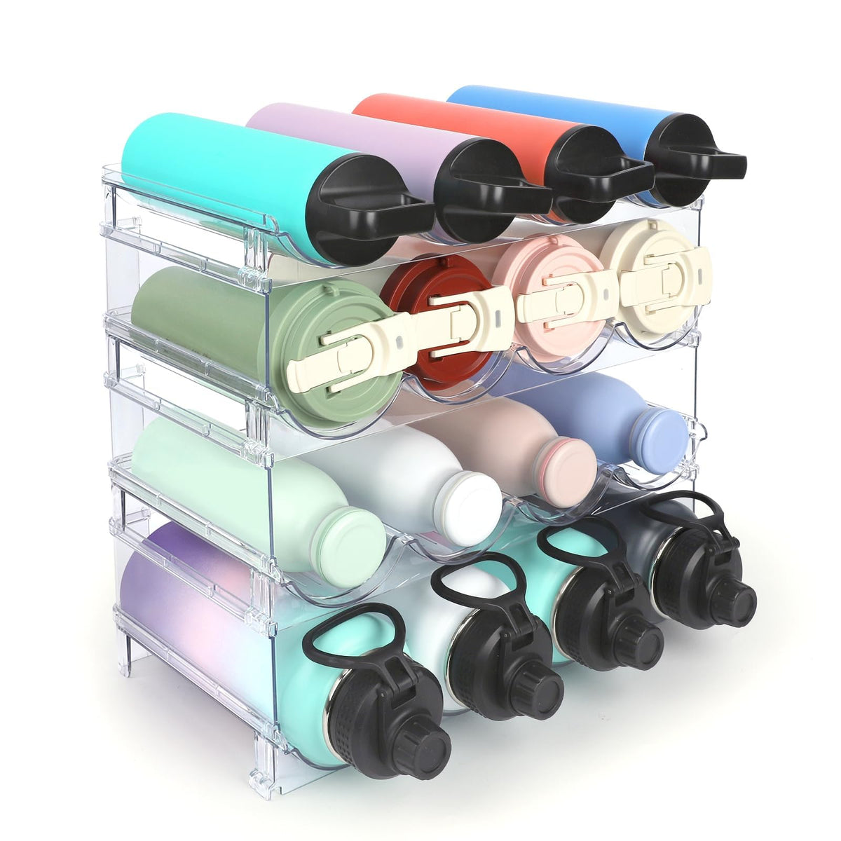 Tidy Savant Water Bottle Organizer 4-Pack keeps cabinets neat and bottles easy to grab.