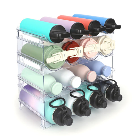 Tidy Savant Water Bottle Organizer 4-Pack keeps cabinets neat and bottles easy to grab.