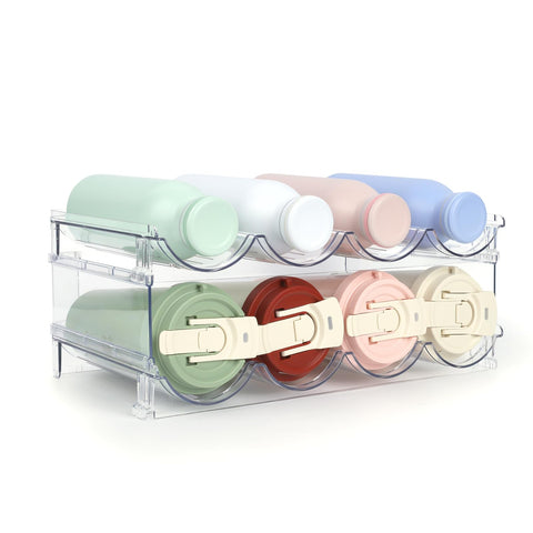 TIDY SAVANT water bottle organizer in clear side view showing stability and easy access
