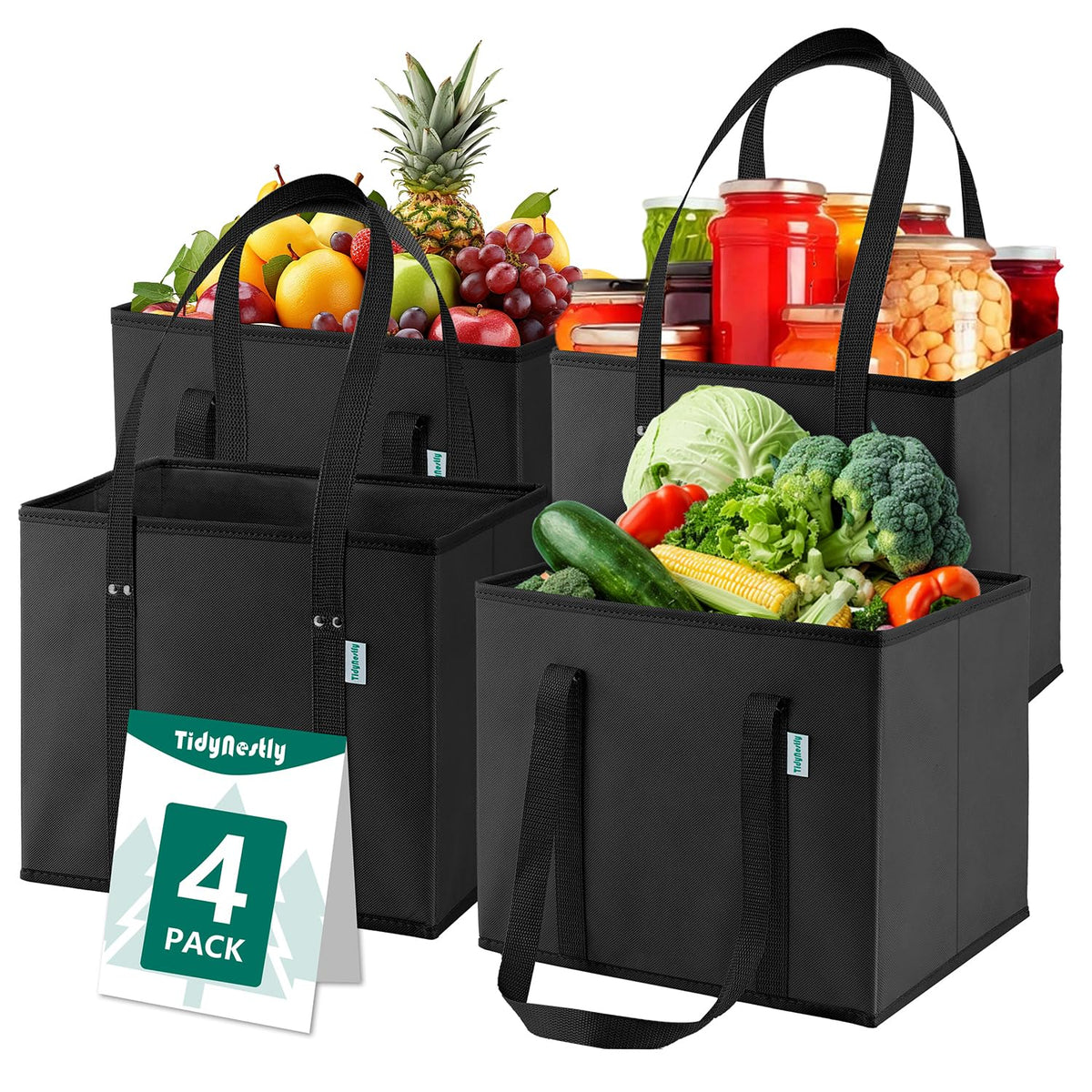 TidyNestly foldable 4-pack bags with box structure for easy loading and upright stability.