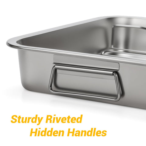 Tifanso high-sides roasting pan capturing drippings while keeping oven splashes contained.