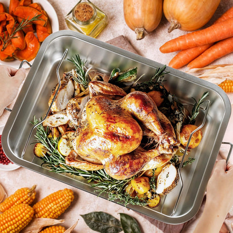 Tifanso multipurpose roasting pan ideal for turkey, ham, or lasagna.