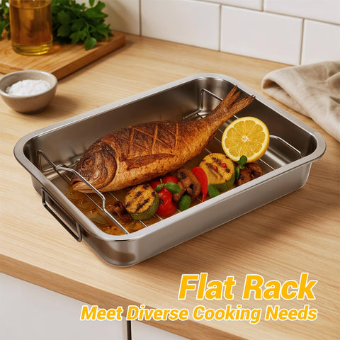 Tifanso stainless steel roasting pan with riveted handles enabling safe lifting.
