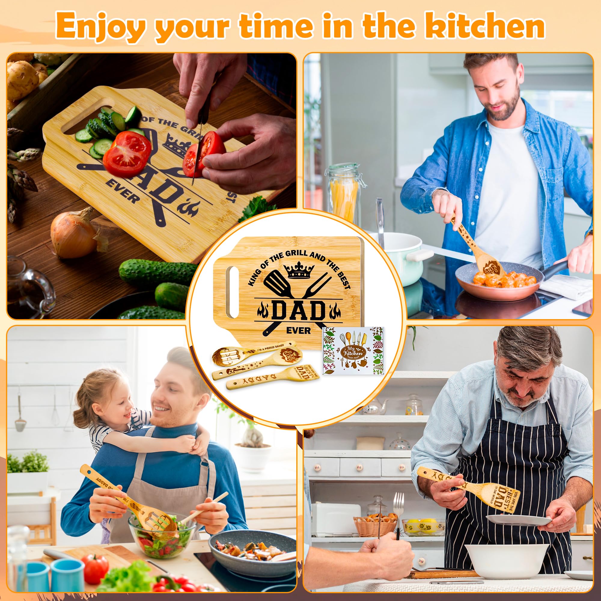 Tifeson engraved utensils set showing heartfelt phrases for dad's cooking.