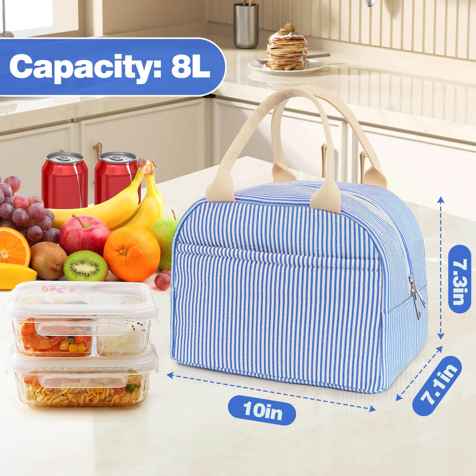 TIFFYONEK lunch bag large capacity fits a full lunch, fruits, and drinks.