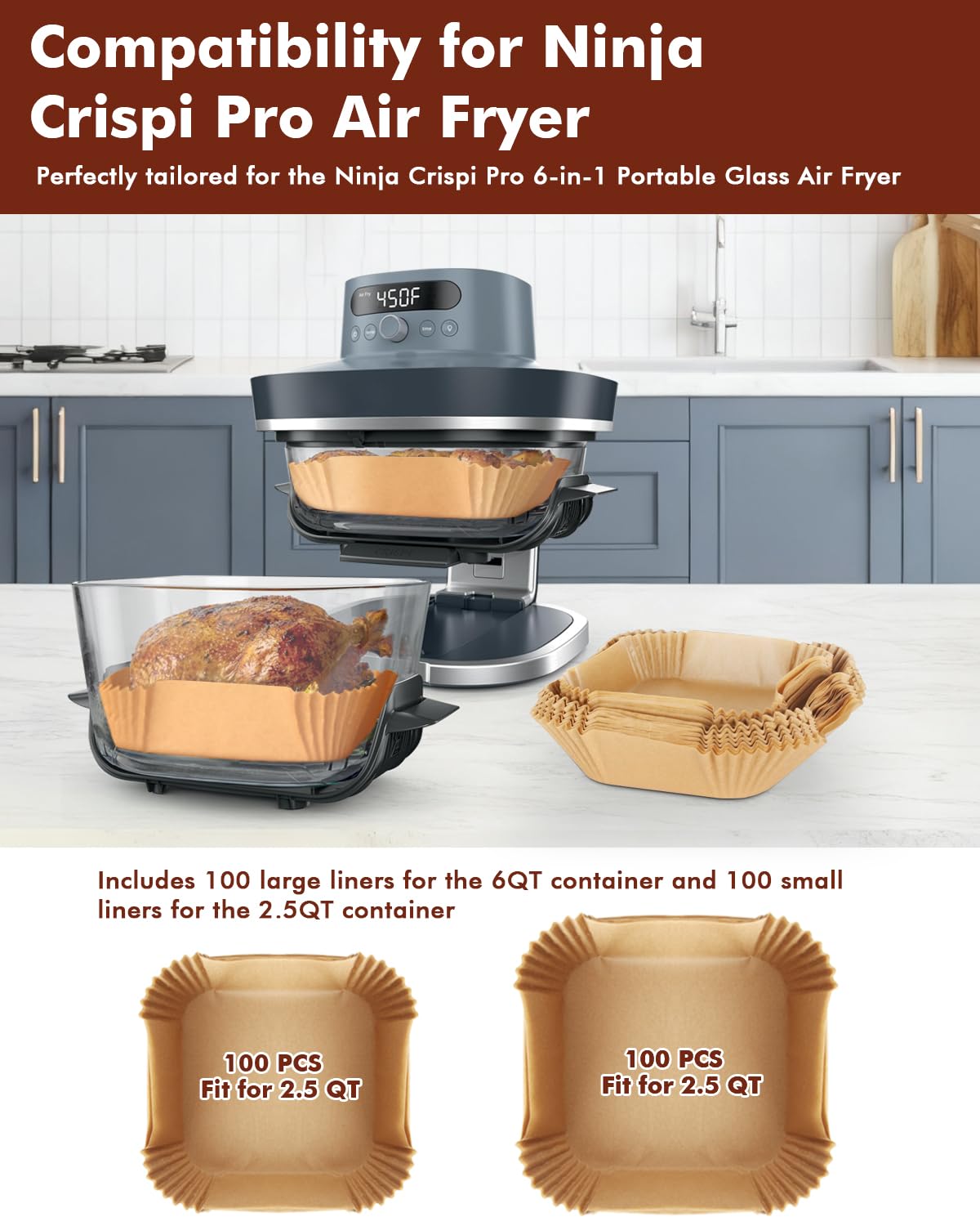 Tiga large liner in 6qt basket maintains crisp texture and easy cleanup