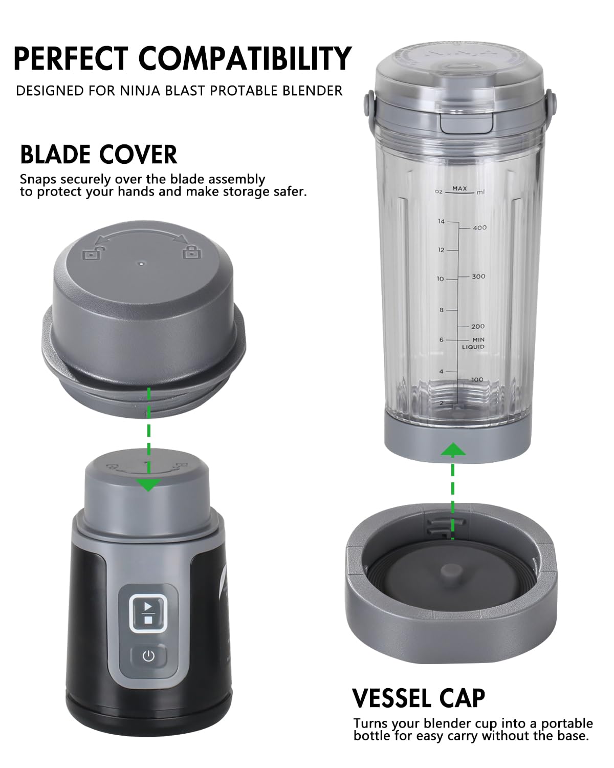 Tiga vessel cap on Ninja Blast BC100 enables grab-and-go drinks.