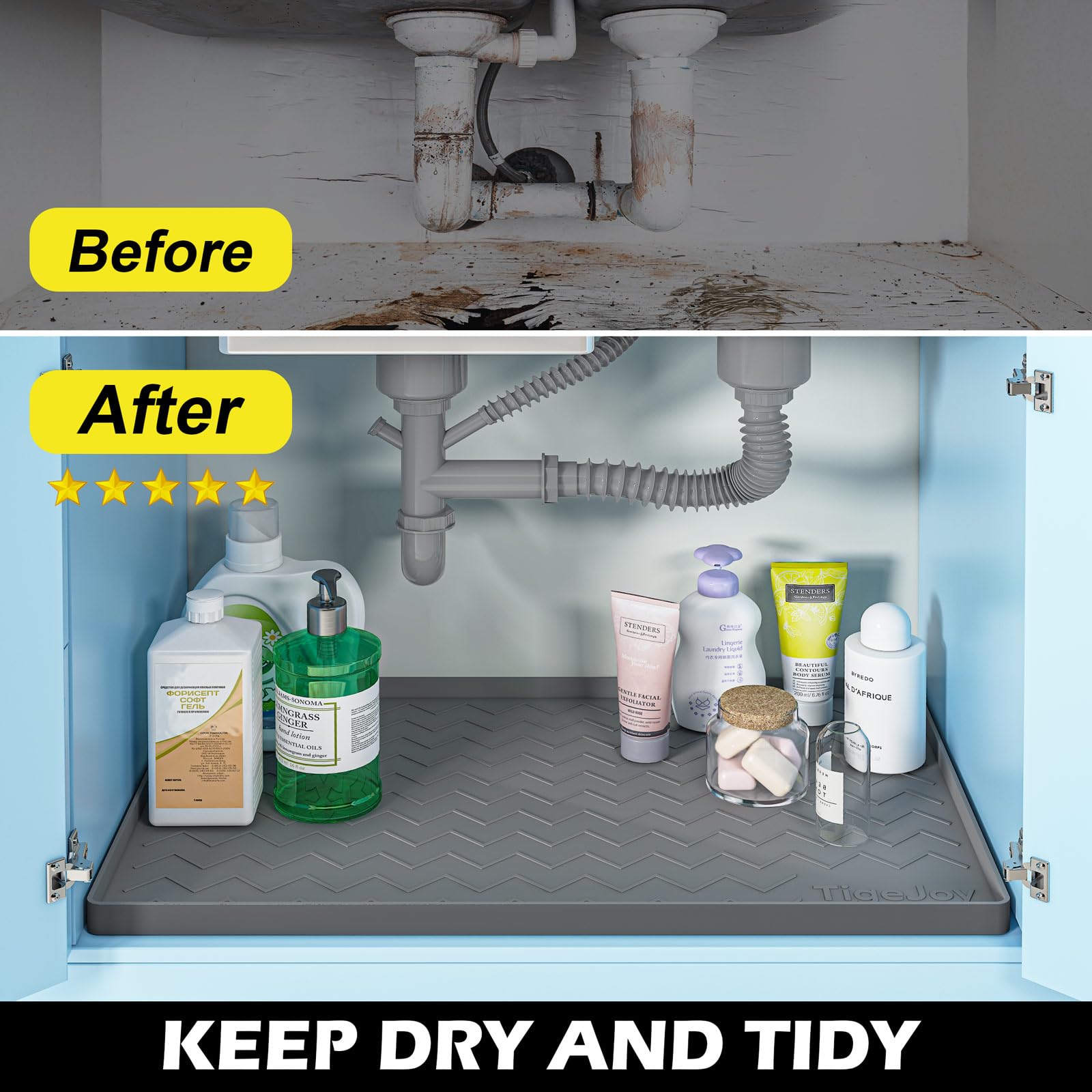 TigeJoy light grey sink protector blends with cabinet interiors