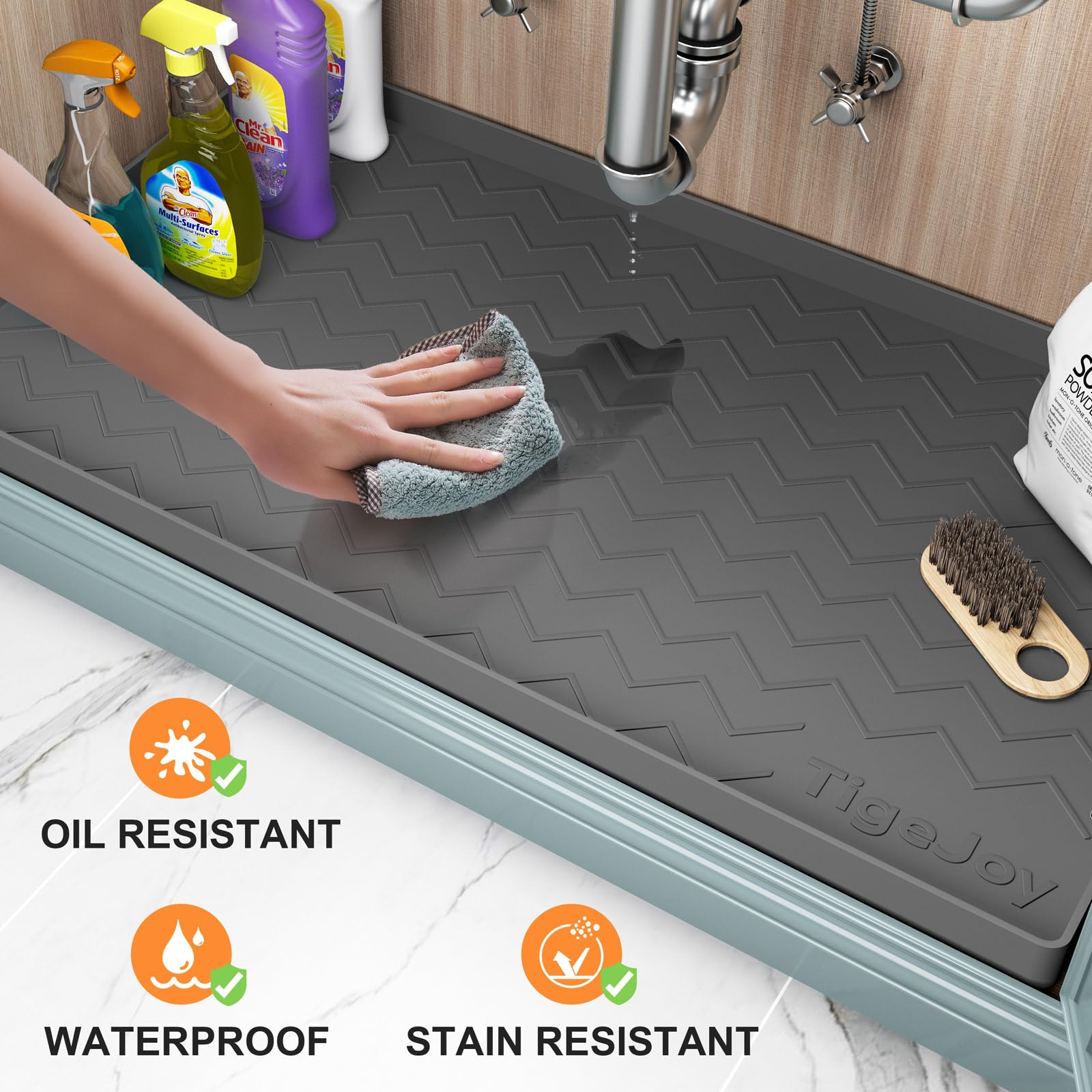 TigeJoy silicone cabinet liner demonstrates flexible, durable protection for surfaces