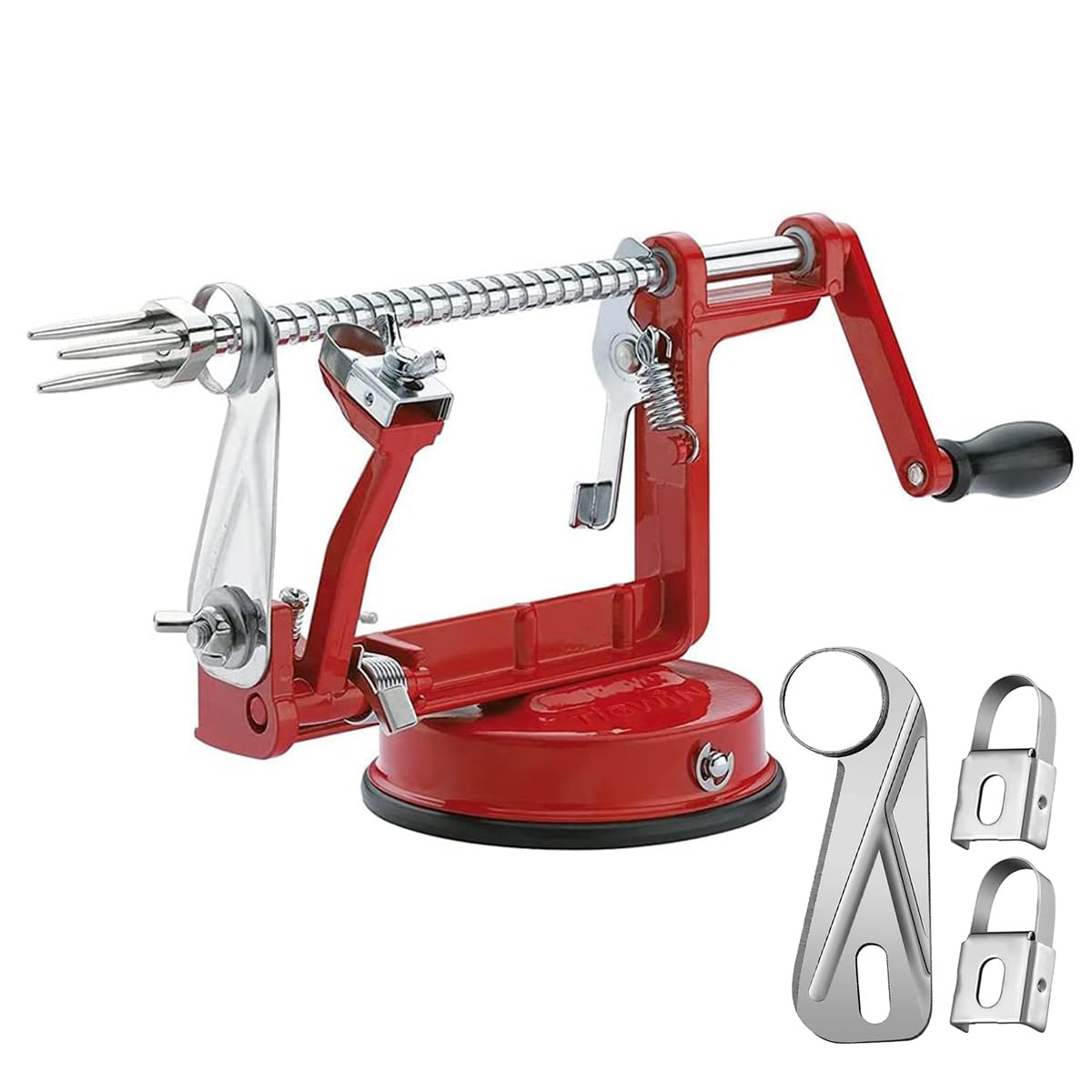 TIGWIN Apple Peeler Corer in red demonstrates stable suction base on the counter.