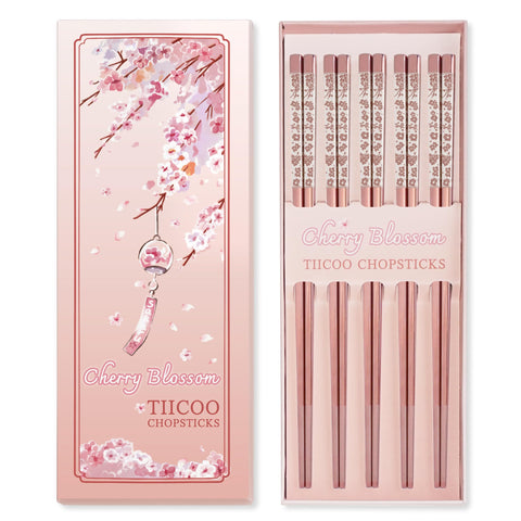 TIICOO pink sakura laser-engraved chopsticks for elegant daily dining.