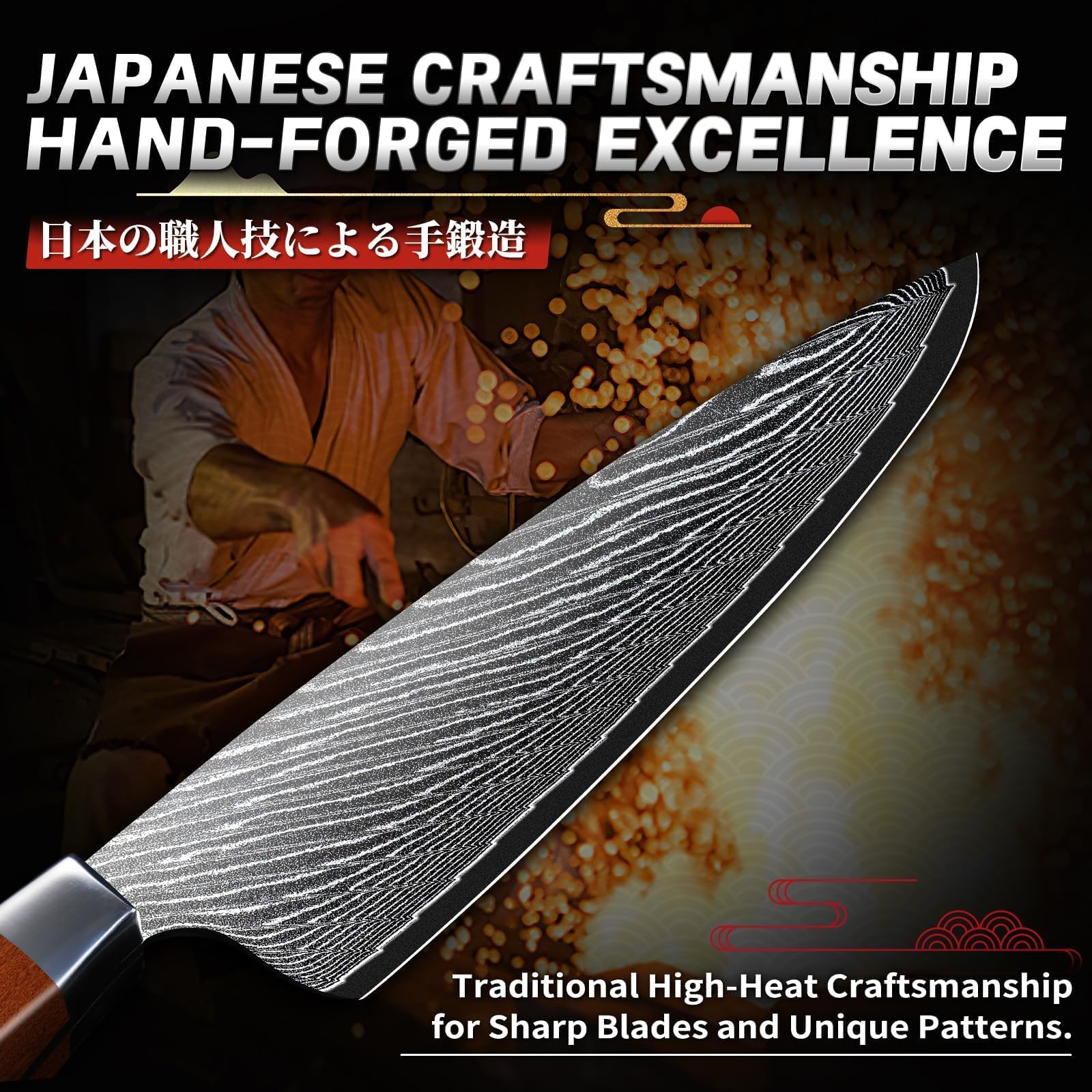 TIJERAS Damascus chef knife wood-handle shows ergonomic grip.