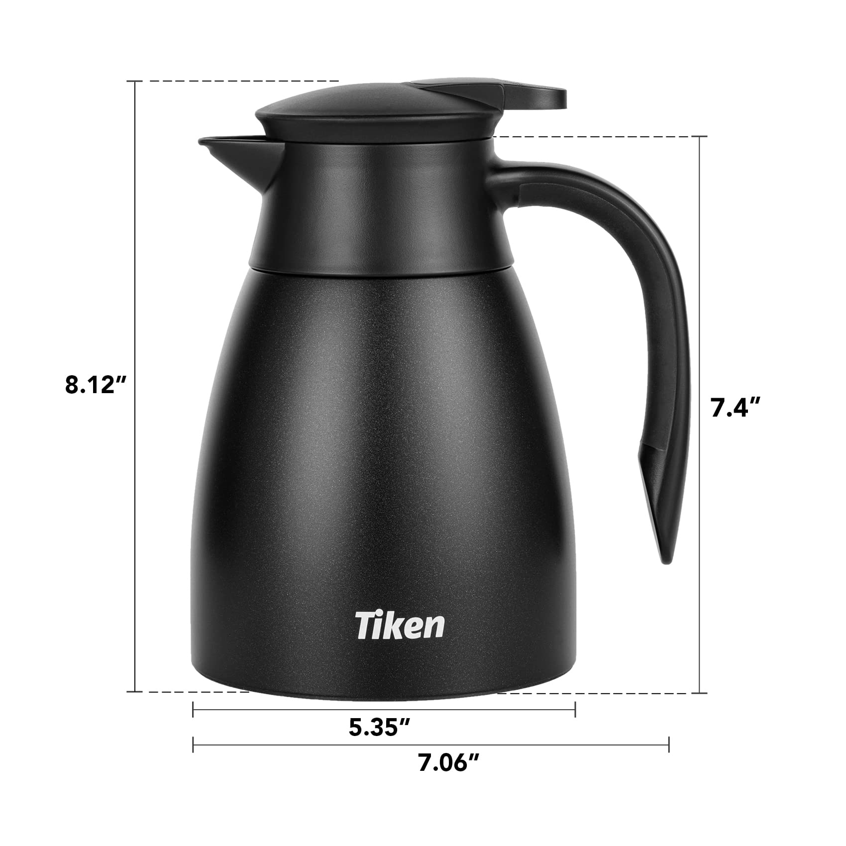 Tiken 34 Oz carafe side view, durable stainless steel for lasting flavor