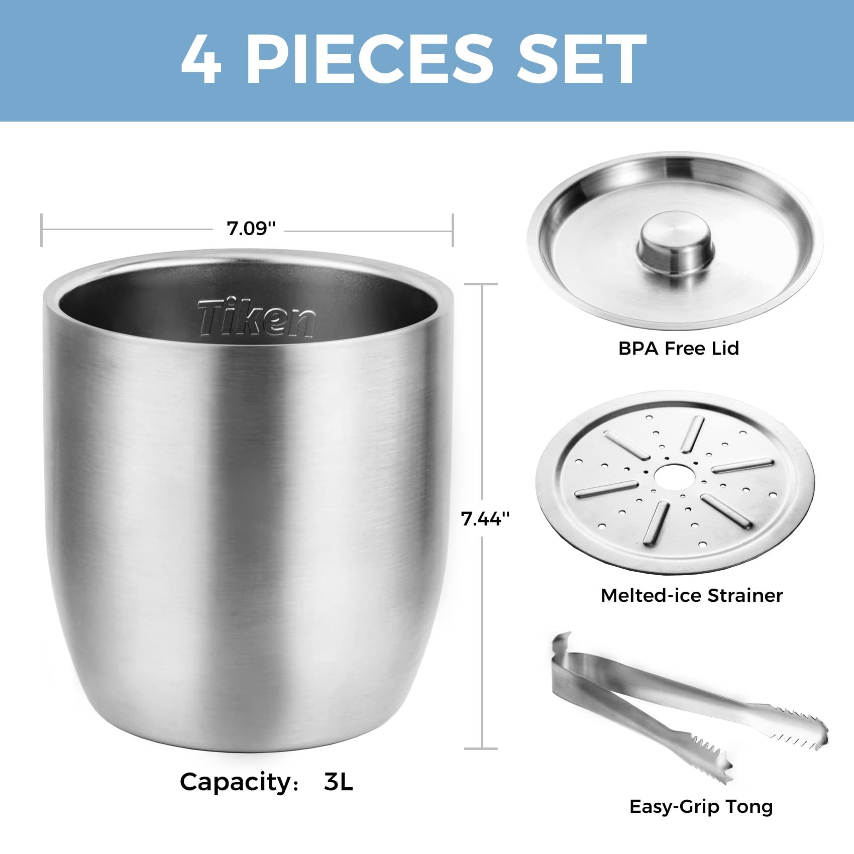 Tiken stainless steel ice tong with sharp teeth for secure ice transfer